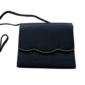 Black Satin Evening Bag Rhinestone Wavy Trim Crossbody Clutch Formal Wedding Bag